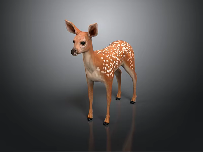 Cute Fawn With White Spots And Brown Body Standing On Dark Background With Reflection 3d model