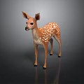 Cute Fawn With White Spots And Brown Body Standing On Dark Background With Reflection
