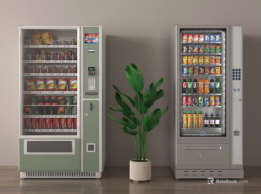 Public Facility Vending Machines Offering Snacks and Beverages with Green Plant in Between 3d model 