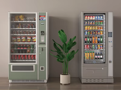 Public Facility Vending Machines Offering Snacks and Beverages with Green Plant in Between 3d model