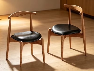 Wooden Single Chair with Curved Backrest Black Leather Seat Modern Design for Dining Room 3d model