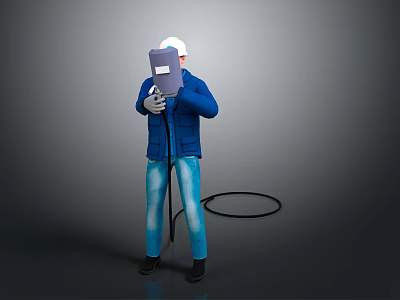 Welder Character In Blue Jacket Blue Jeans White Cap Holding Welding Helmet And Black Hose 3d model