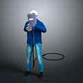 Welder Character In Blue Jacket Blue Jeans White Cap Holding Welding Helmet And Black Hose
