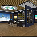 Cultural Exhibition Hall Interior With Display Boards Shelves Green Plants And Seats