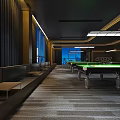 Modern Billiard Room Interior With Green Pool Tables Golden Ceiling Lines And Large Windows