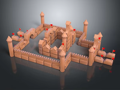 Creative Building Blocks Castle With Towers Walls And Red Flags 3d model