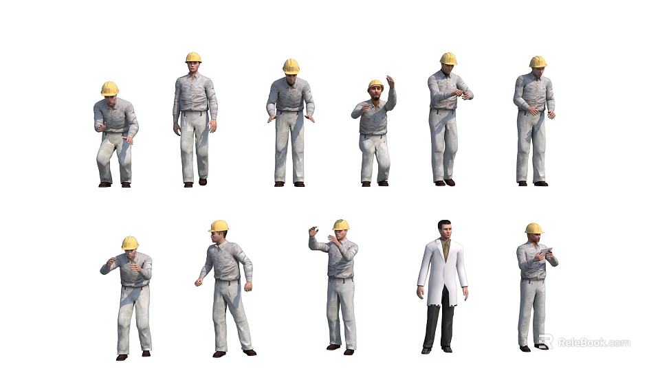 Multiple Workers in Gray Uniforms Yellow Hard Hats with Various Poses and Supervisor 3d model 