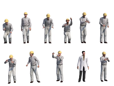 Multiple Workers in Gray Uniforms Yellow Hard Hats with Various Poses and Supervisor 3d model