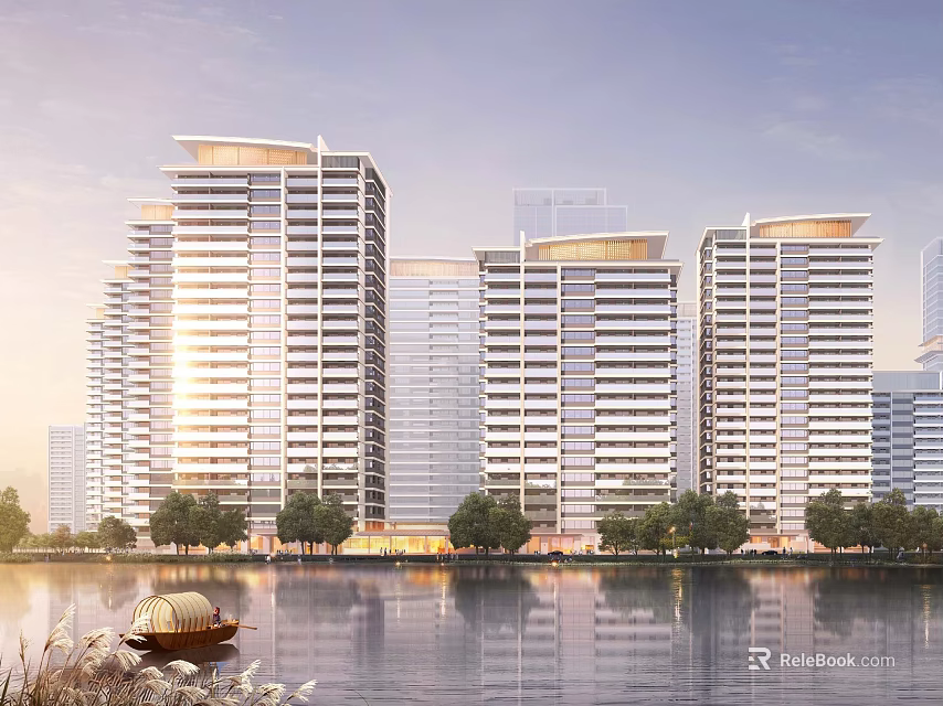 Modern High Rise Residential Buildings by Lake with Trees and Small Boat Reflections 3d model 
