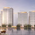 Modern High Rise Residential Buildings by Lake with Trees and Small Boat Reflections