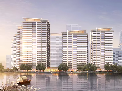 Modern High Rise Residential Buildings by Lake with Trees and Small Boat Reflections 3d model