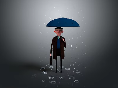 Man Standing in Rain Holding Blue Umbrella Wearing Suit and Tie with Briefcase Near Puddles 3d model