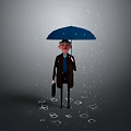 Man Standing in Rain Holding Blue Umbrella Wearing Suit and Tie with Briefcase Near Puddles