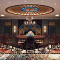 Luxurious Private Dining Room Interior Design With Round Table Chandelier Dark Chairs And Colorful Carpet