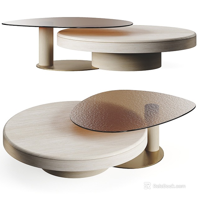 Modern Round Coffee Table Featuring Wooden Base And Textured Glass Top Design 3d model 