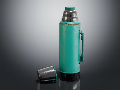 Turquoise Thermos Flask With Silver Top Black Base And Detachable Lid For Daily Use 3d model