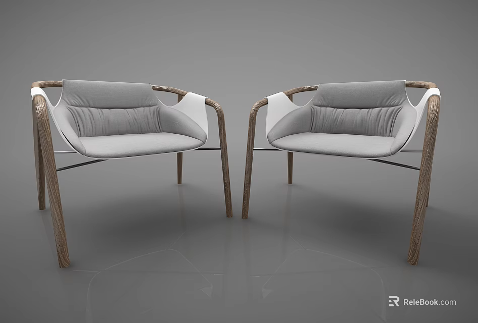 Pair of Modern Leisure Chairs With Wooden Frame Curved Armrests And Gray Soft Cushions 3d model 