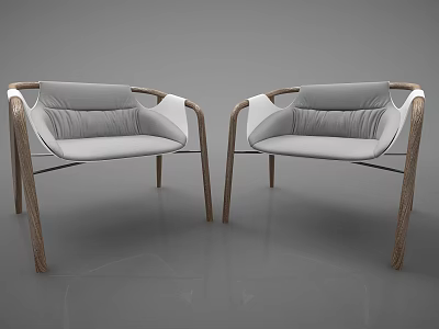 Pair of Modern Leisure Chairs With Wooden Frame Curved Armrests And Gray Soft Cushions 3d model