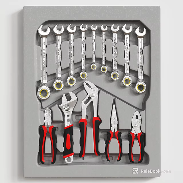 Hardware Tools Set with Wrenches Pliers Various Sizes Silver Red Black Handles 3d model