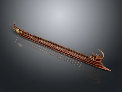 Ancient Wooden Longship Model With Curved Bow And Rowing Oars 3d model