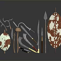 Collection of Traditional Decorative Weapons Featuring Shields Spears Axes and Hooks