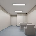 Casual Lounge Area with White Walls Light Blue Carpet Table Chair Wall Screen Ceiling Lights