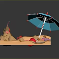 Scenic Beach Scene With Sand Castle Blue Umbrella Small Pond Starfish And Seashells