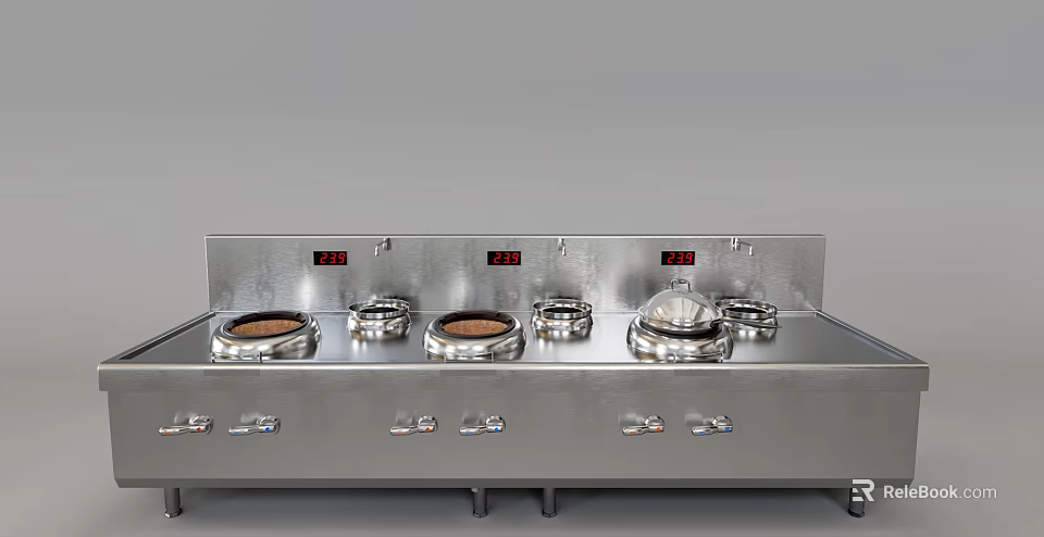 Stainless Steel Kitchen Stove With Multiple Burners Knob Controls And Digital Temperature Displays 3d model 