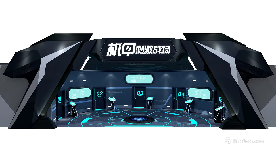 Futuristic Mech Themed Storefront With Neon Lights And Digital Screens For Trendy Battle Experience Center 3d model 