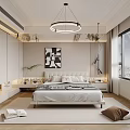 Elegant Modern Bedroom Interior With Large Bed Abstract Wall Art And Circular Chandelier