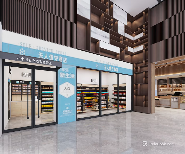 24 Hour Unmanned Convenience Supermarket Department Store With Shelves And Self Service Products 3d model 