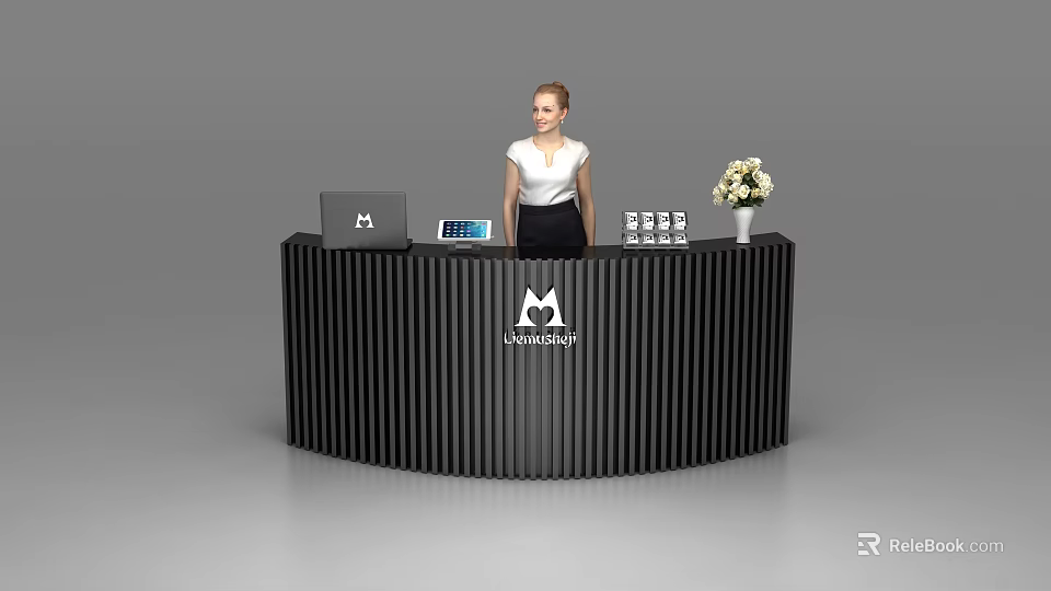 Modern Black Curved Reception Desk With Laptop Tablet Logo Drinks Flowers And Female Receptionist 3d model 