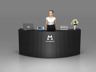 Modern Black Curved Reception Desk With Laptop Tablet Logo Drinks Flowers And Female Receptionist 3d model