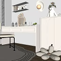 Modern White Dressing Table with Mirror Chair Lamp Green Plant Books and Rug by Window