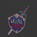 Decorative Weapon Collection Featuring Blue Shield With Red Eagle Emblem And Purple Hilt Sword