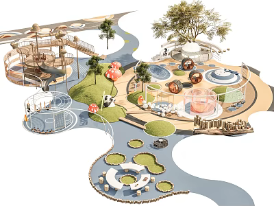 Scenic Park Landscape Design With Playground Structures Water Features Trees Circular Seating And Winding Paths 3d model