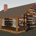 Rustic Log Cabin With Wooden Roof Brick Chimney Porch Green Grass And Mountain View