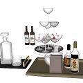 Elegantly Arranged Wine Whiskey Bottles And Cocktail Glasses On Decorative Trays