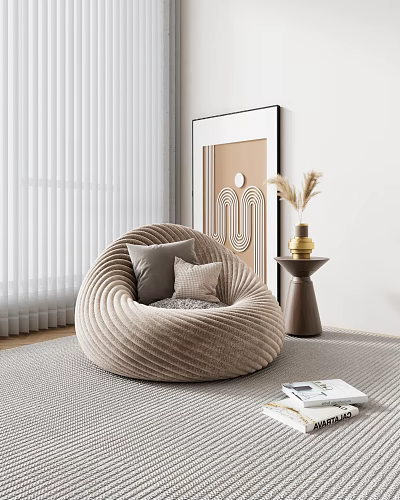 Beige Round Textured Single Sofa With Gray Cushions Modern Wall Art And White Blinds 3d model