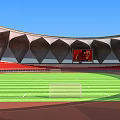 Modern Sports Stadium With Red Stands Running Track Green Field And Large Screen Showing Athlete