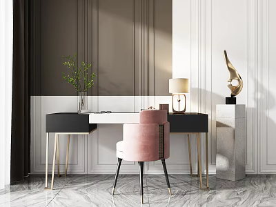 Modern Luxurious Desk With Pink Chair Table Lamp Green Plant Golden Legs And Marble Top 3d model