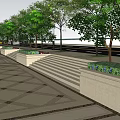 Spacious Commercial Street With Lined Trees Paved Ground Steps And Flower Beds 3d model