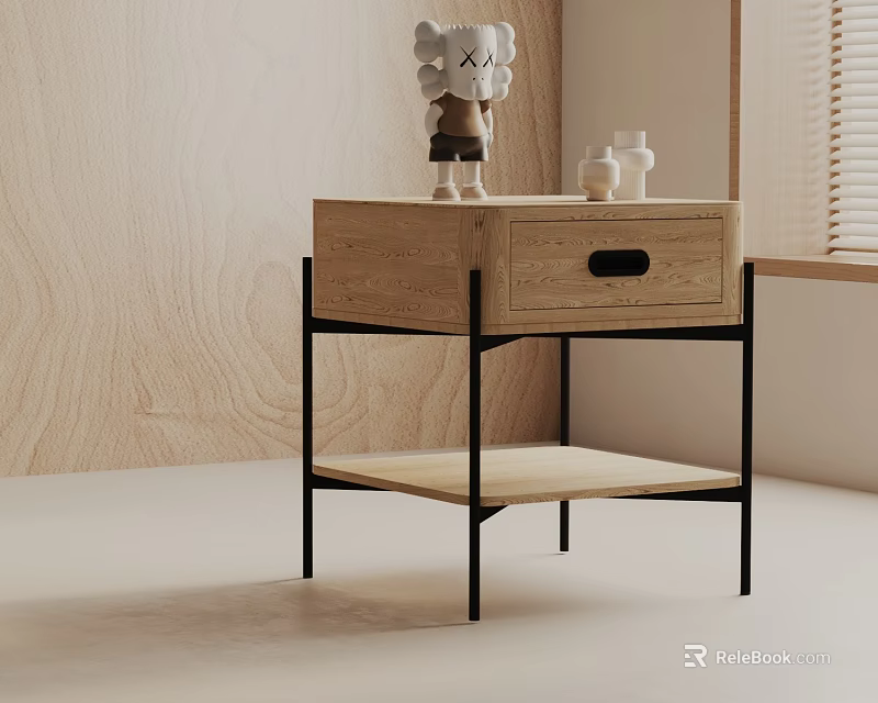 Modern Natural Wood Side Table With Black Metal Frame Drawer Lower Shelf And Decorative Items 3d model 