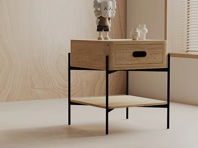 Modern Natural Wood Side Table With Black Metal Frame Drawer Lower Shelf And Decorative Items 3d model