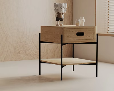 Modern Natural Wood Side Table With Black Metal Frame Drawer Lower Shelf And Decorative Items 3d model