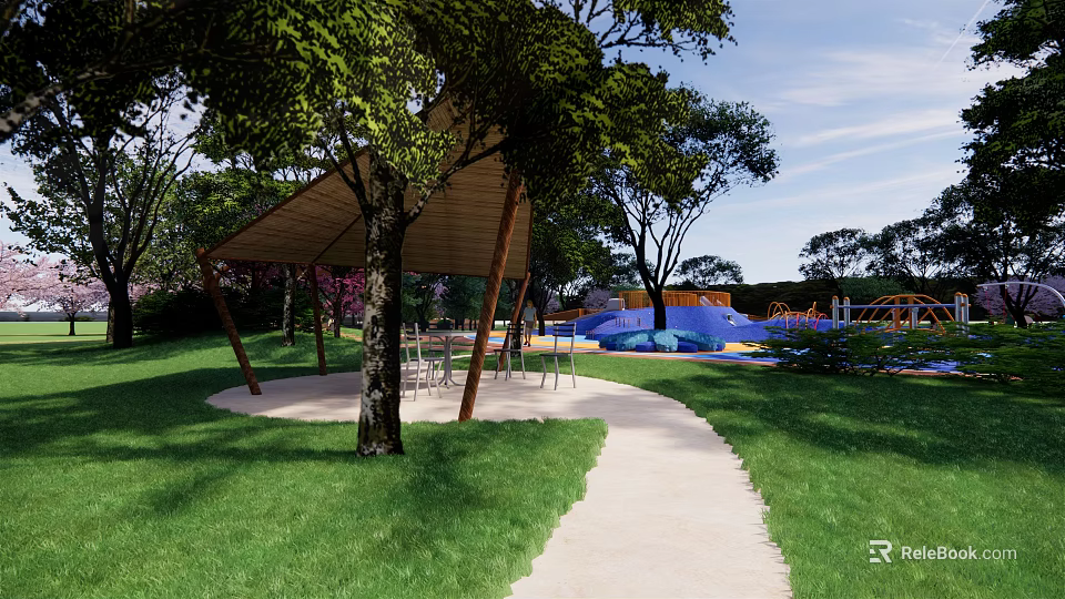 Tranquil Park Landscape With Wooden Covered Shelter Tables Chairs Shade Trees Pathway And Blue Slide 3d model 