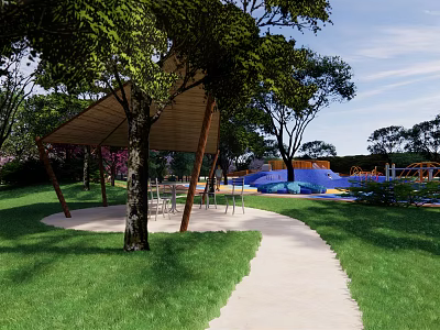 Tranquil Park Landscape With Wooden Covered Shelter Tables Chairs Shade Trees Pathway And Blue Slide 3d model