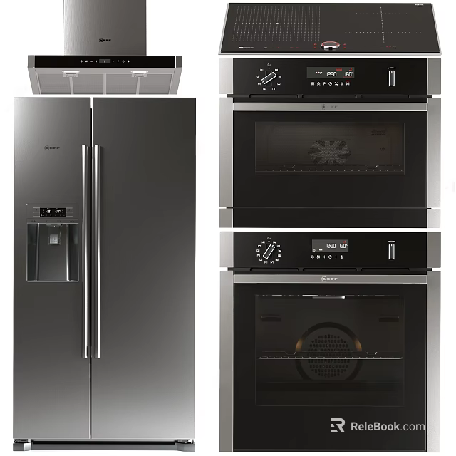 Sleek Black Stainless Steel Refrigerator and Built in Ovens for Modern Kitchen 3d model 