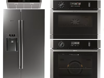 Sleek Black Stainless Steel Refrigerator and Built in Ovens for Modern Kitchen 3d model