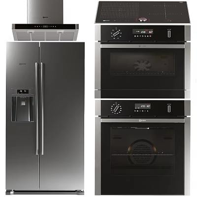 Sleek Black Stainless Steel Refrigerator and Built in Ovens for Modern Kitchen 3d model